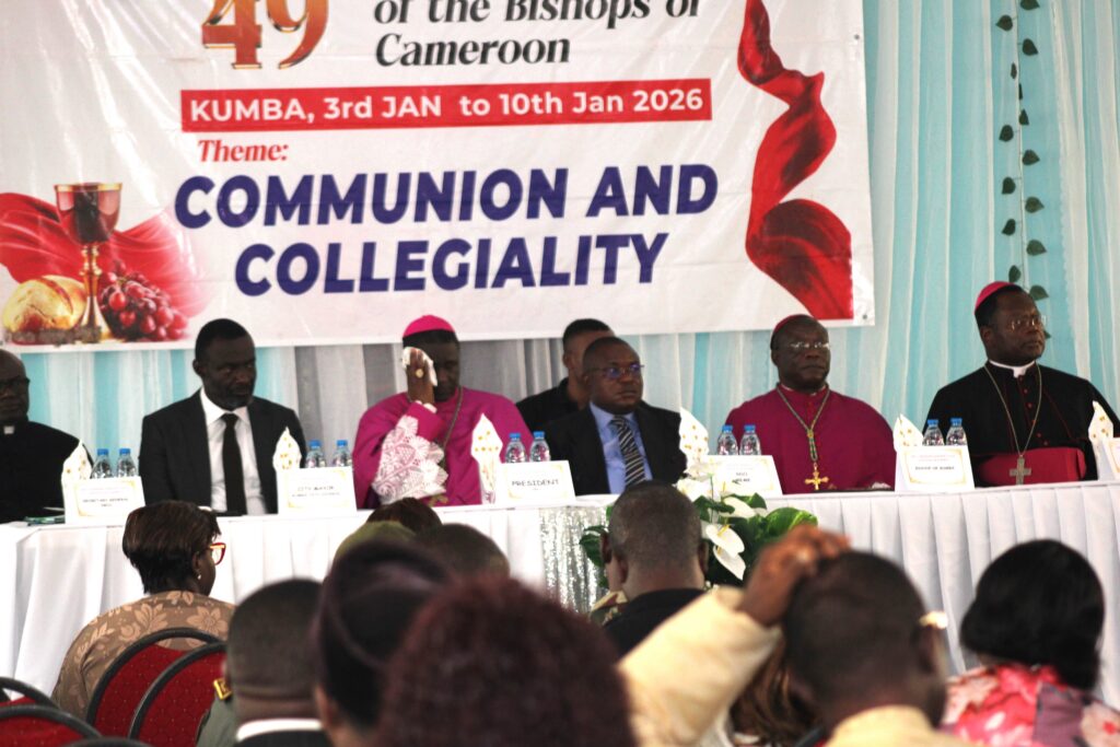 Archbishop Andrew Fuanya Nkea speaking at the 49th Annual Bishops’ Seminar in Kumba, Cameroon, addressing peace, unity, and civic responsibility.