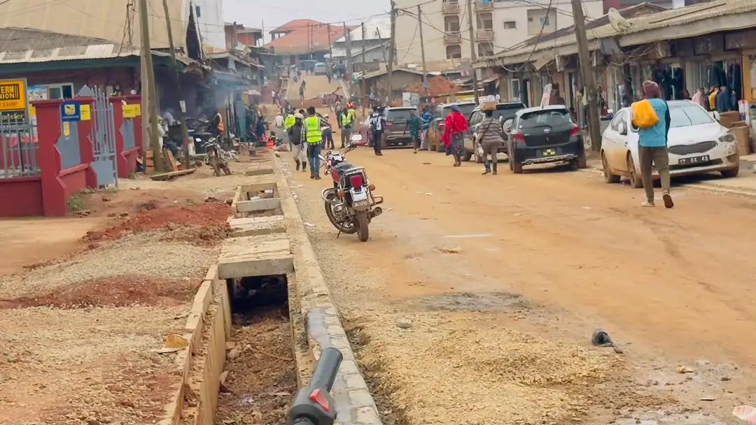 Road construction works underway on a major urban route in Bamenda, Cameroon